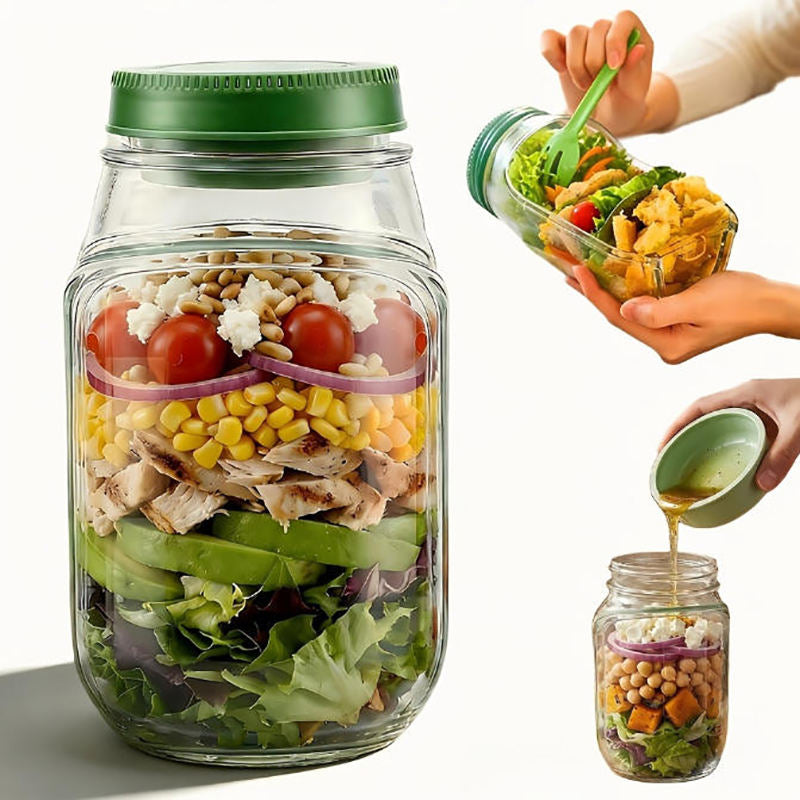 Eating Salad Container with Built-in Plastic Salad Storage Jar
